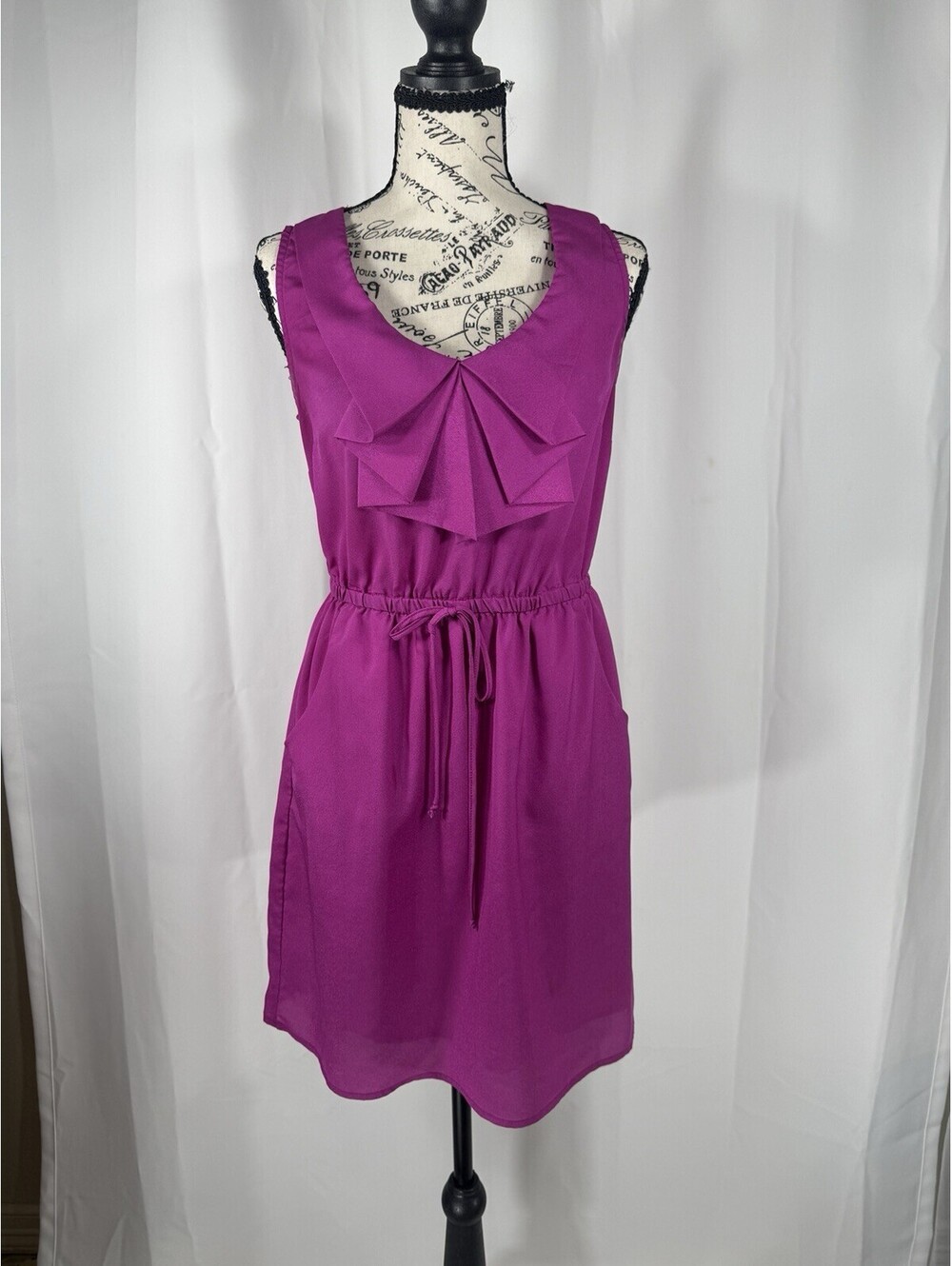 BeBop Magenta Fuchsia Sleeveless Mini Dress M Origami Ruffle Drawstring Pockets